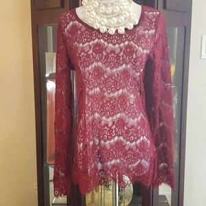 Maurices Burgundy lace sheer long sleeve top